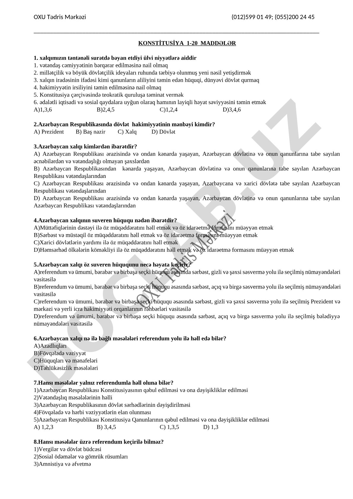 Azərbaycan Konstitusiyasının 1-20 maddələri üzrə testlər