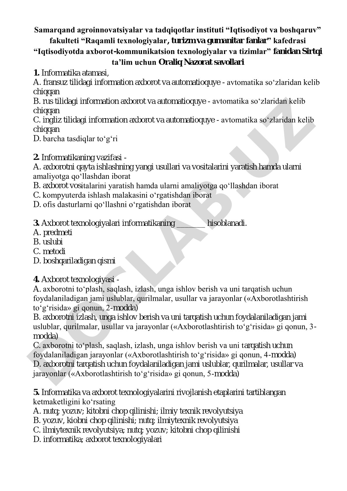 Iqtisodiyotda axborot-kommunikatsion texnologiyalar va tizimlar fanidan oraliq nazorat savollari