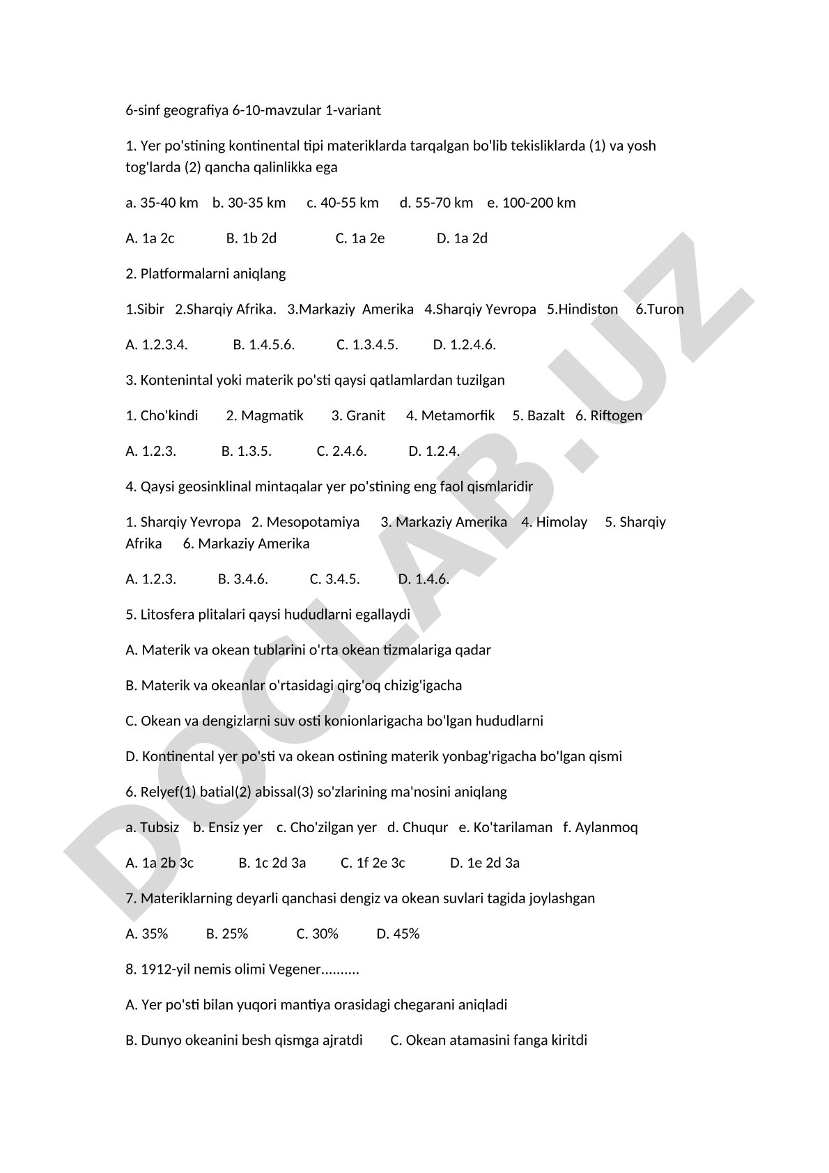 6-sinf geografiya 6-10-mavzular 1-variant test savollari