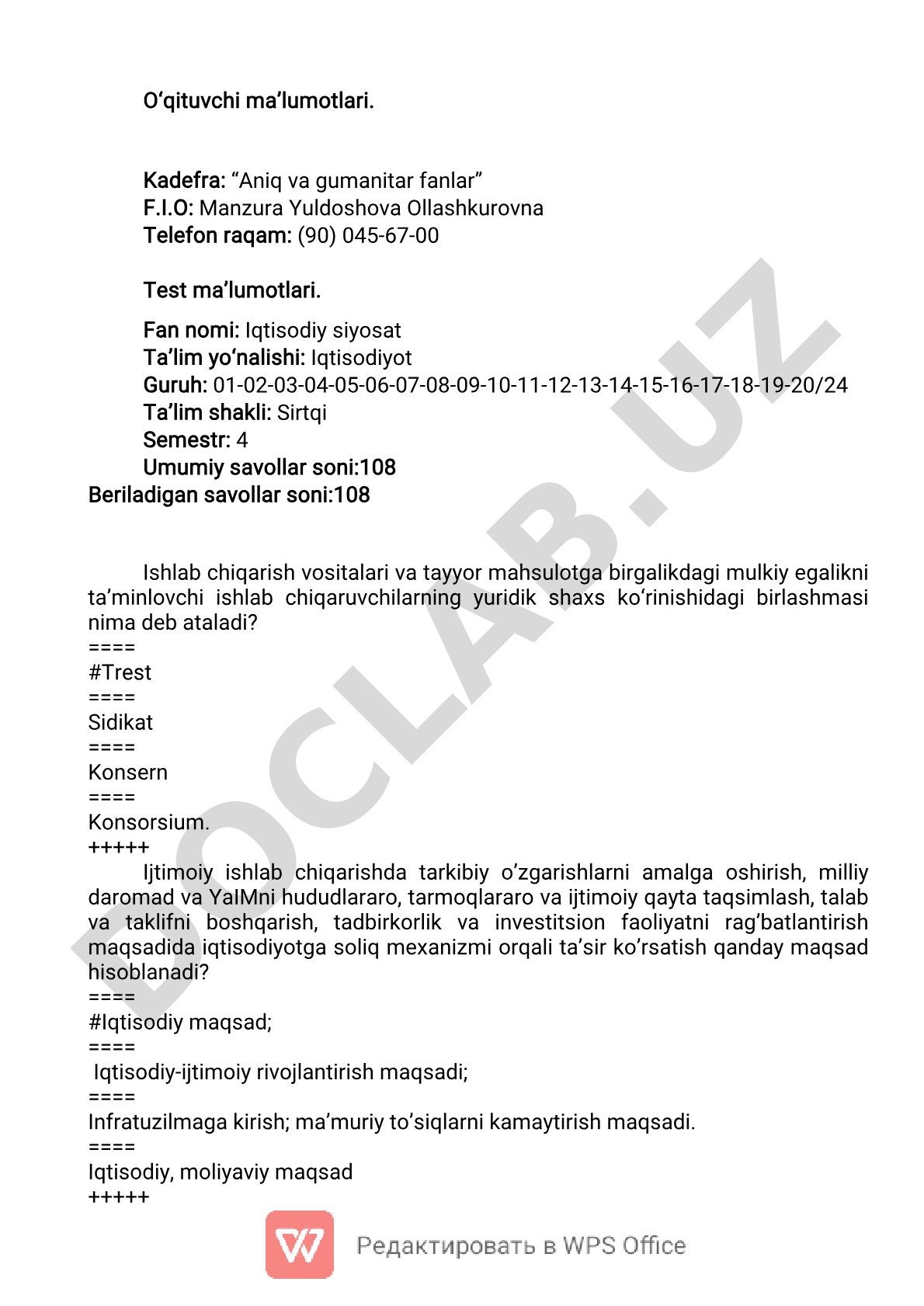 Iqtisodiy siyosat fanidan test savollari
