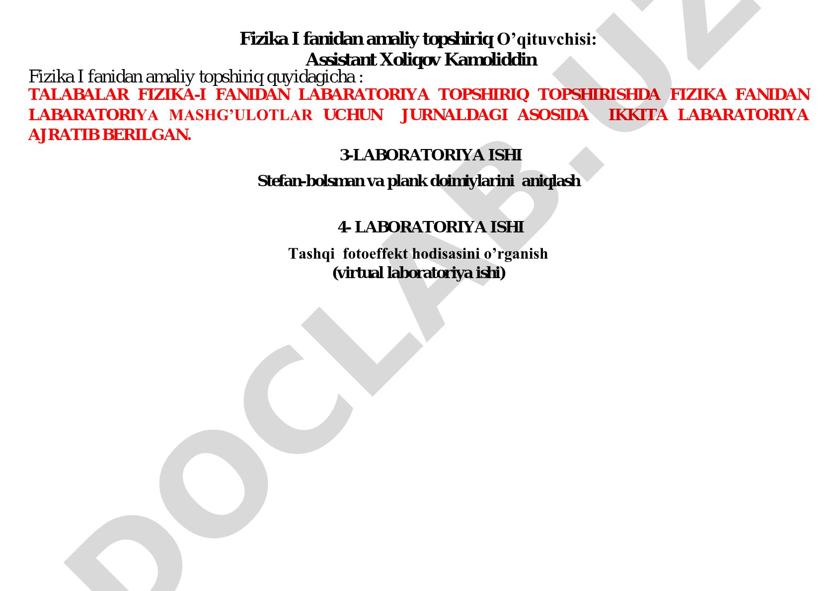 Fizika I fanidan amaliy topshiriq