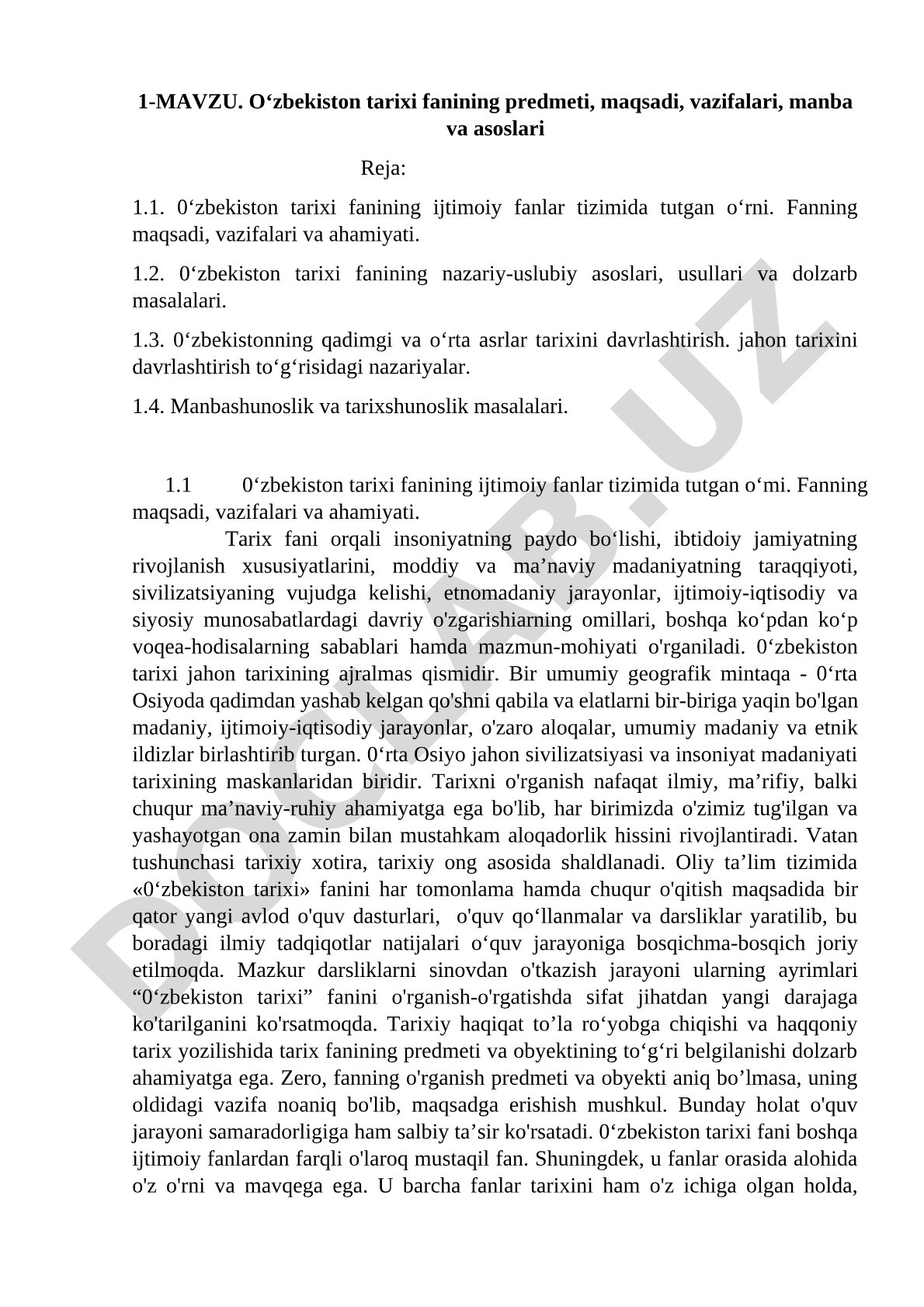 O‘zbekiston tarixi fanining predmeti, maqsadi, vazifalari, manba va asoslari
