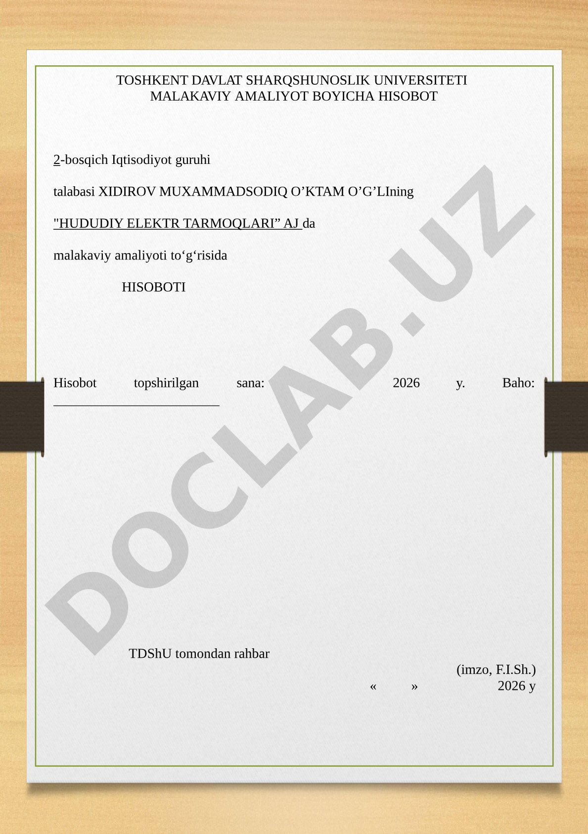 Hududiy elektr tarmoqlari AJda malakaviy amaliyot hisoboti