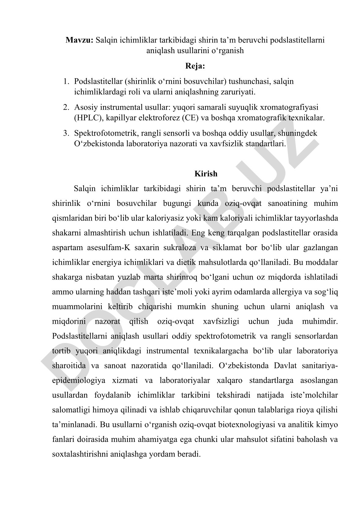 Salqin ichimliklar tarkibidagi shirin ta’m beruvchi podslastitellarni aniqlash usullarini o‘rganish