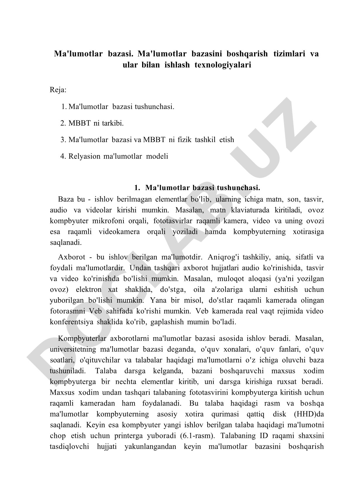 Ma'lumotlar bazasi. Ma'lumotlar bazasini boshqarish tizimlari va ular bilan ishlash texnologiyalari