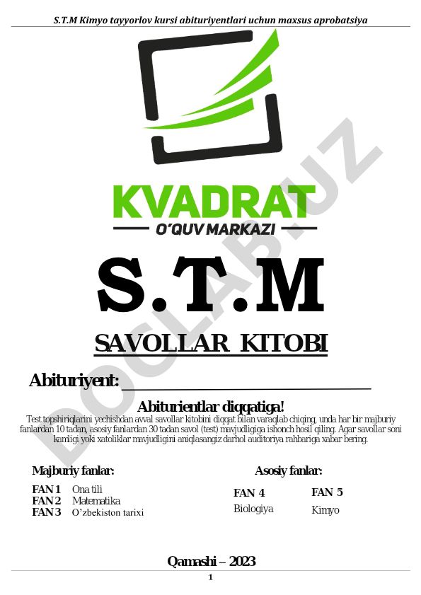S.T.M Kimyo tayyorlov kursi abituriyentlari uchun test savollari
