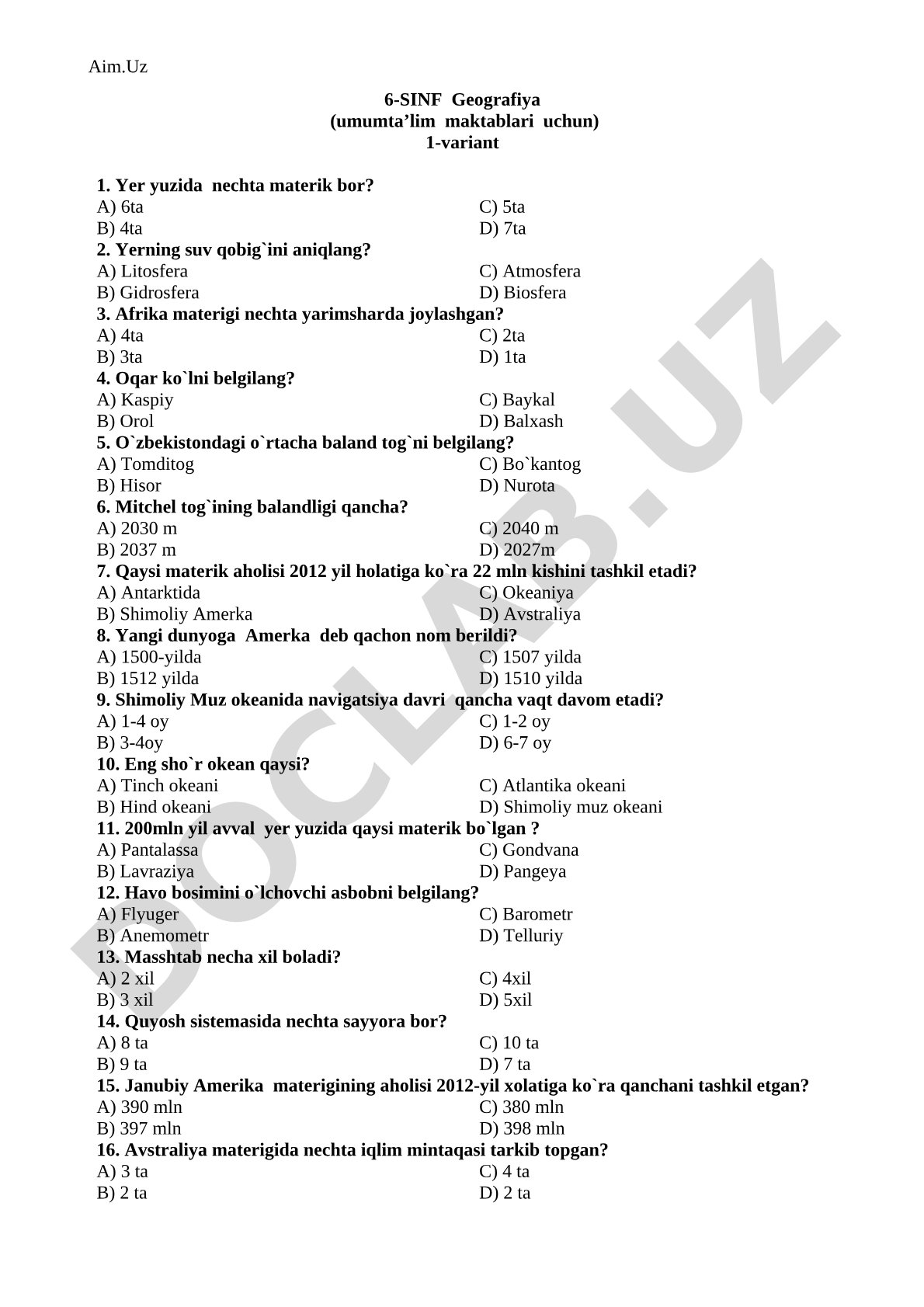 6-sinf geografiya test savollari