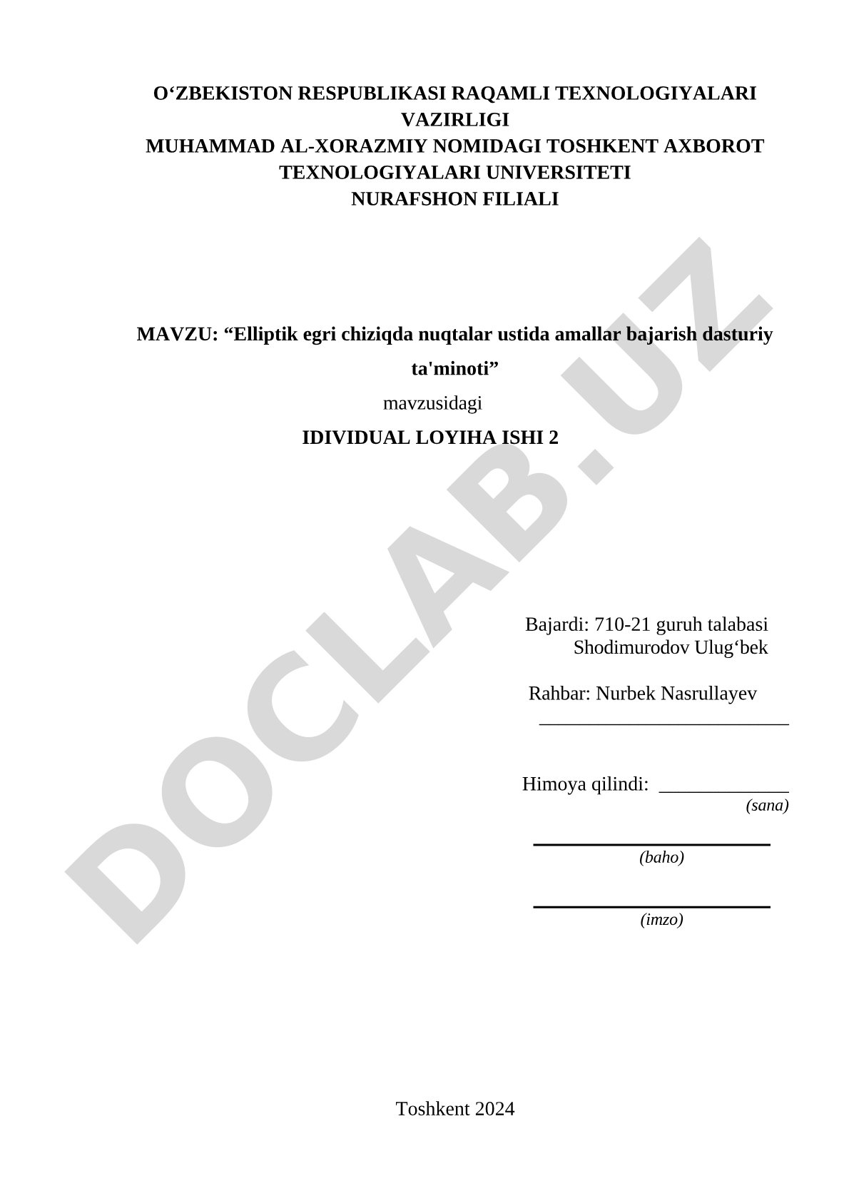 Elliptik egri chiziqda nuqtalar ustida amallar bajarish dasturiy ta'minoti
