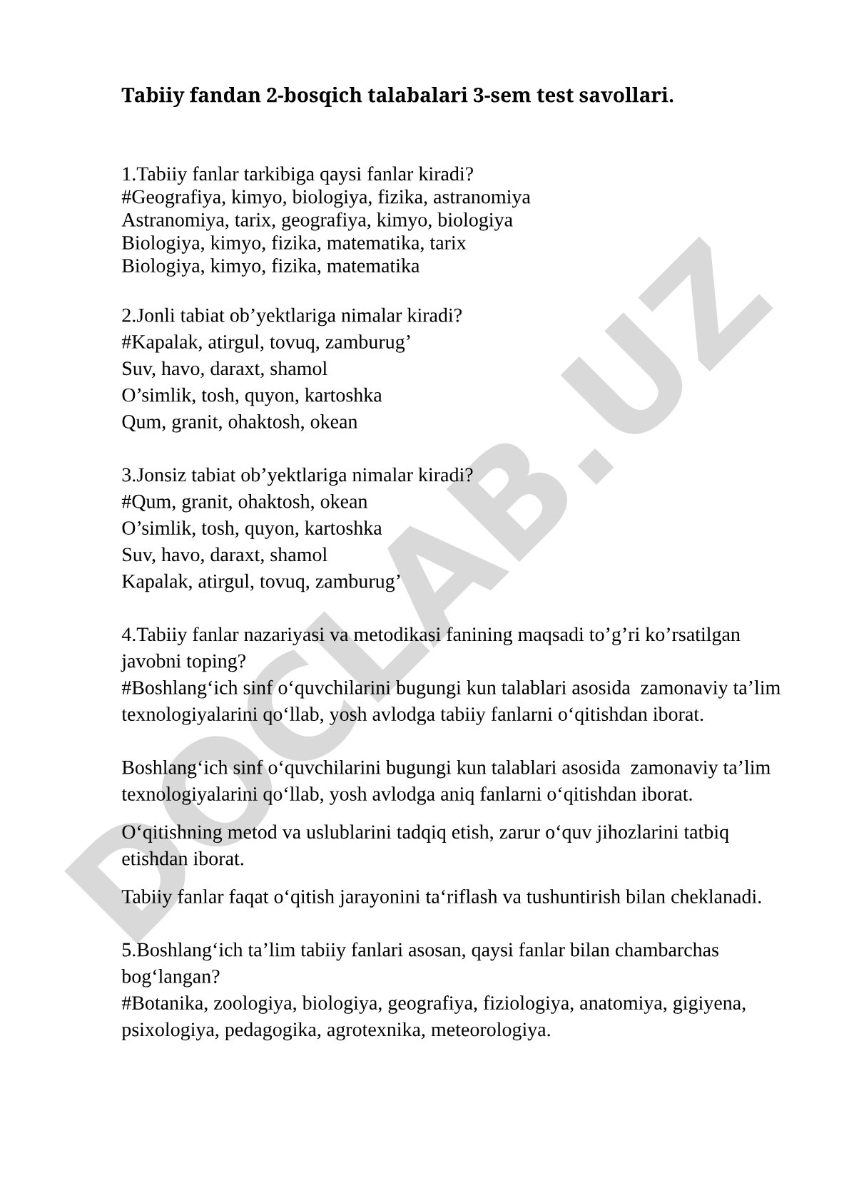 Tabiiy fanlardan 2-bosqich talabalari 3-sem test savollari