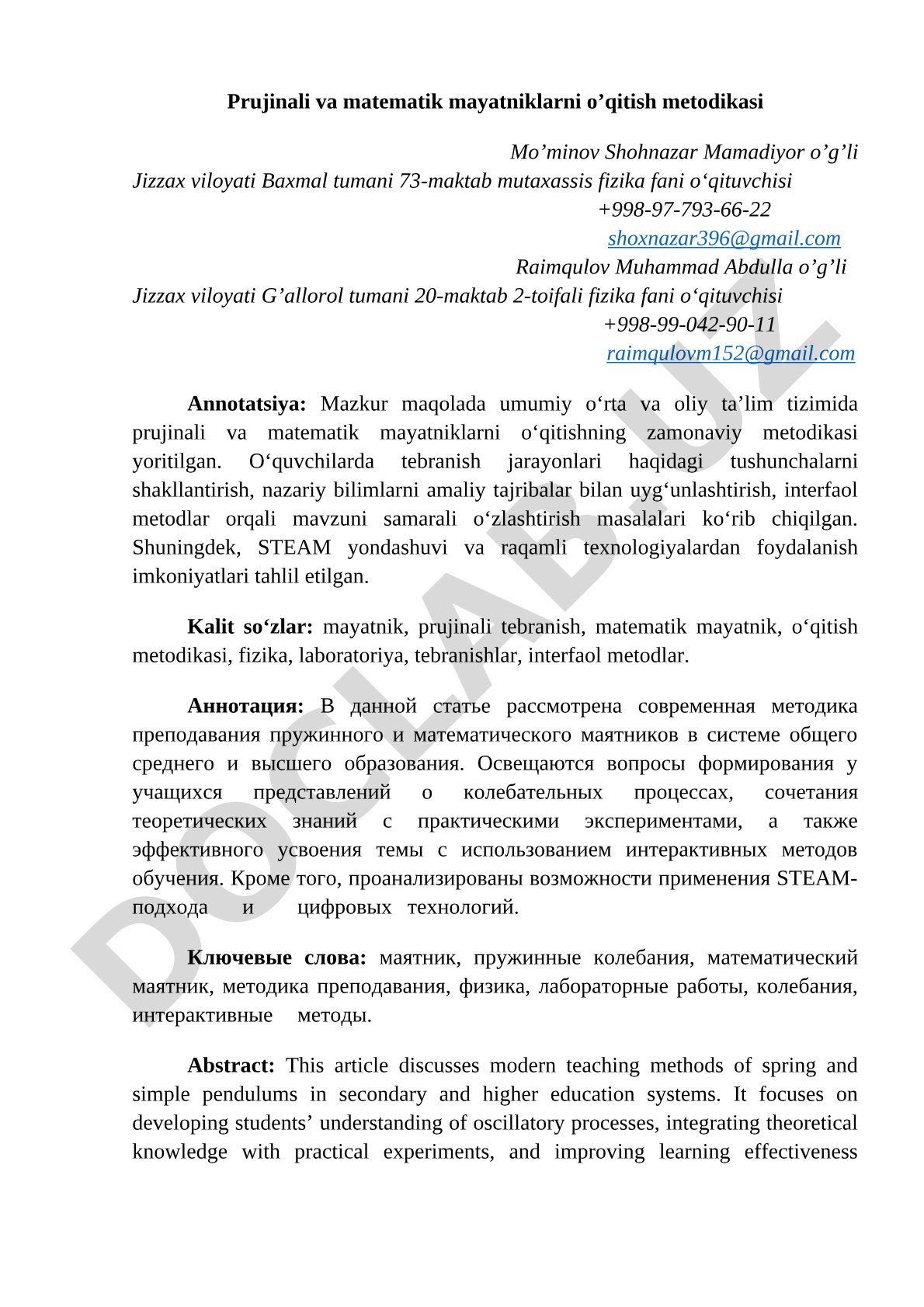 Prujinali va matematik mayatniklarni o’qitish metodikasi