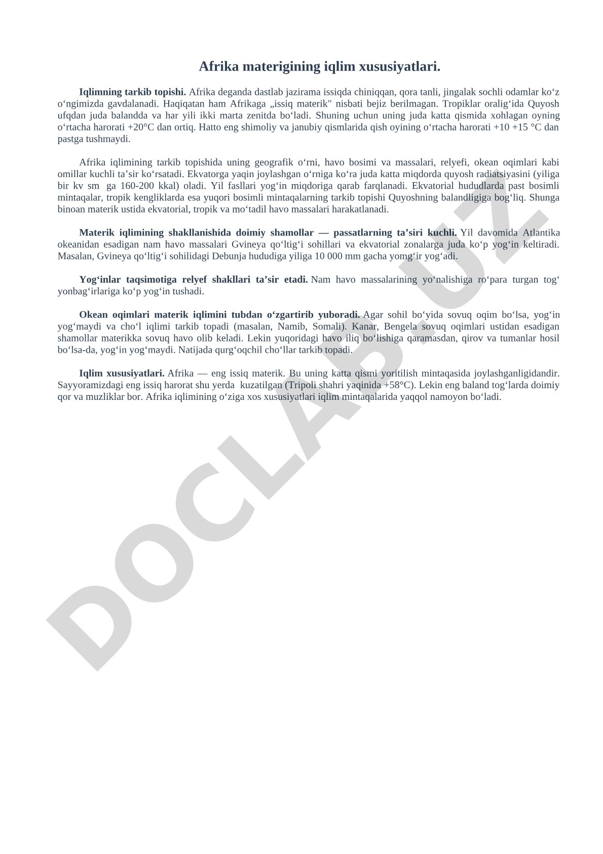 Afrika materigining iqlim xususiyatlari