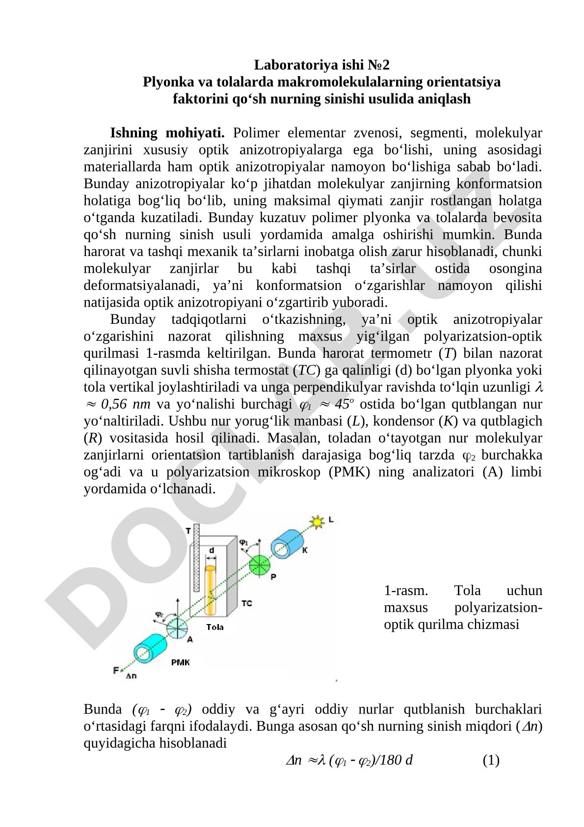 Plyonka va tolalarda makromolekulalarning orientatsiya faktorini qo‘sh nurning sinishi usulida aniqlash