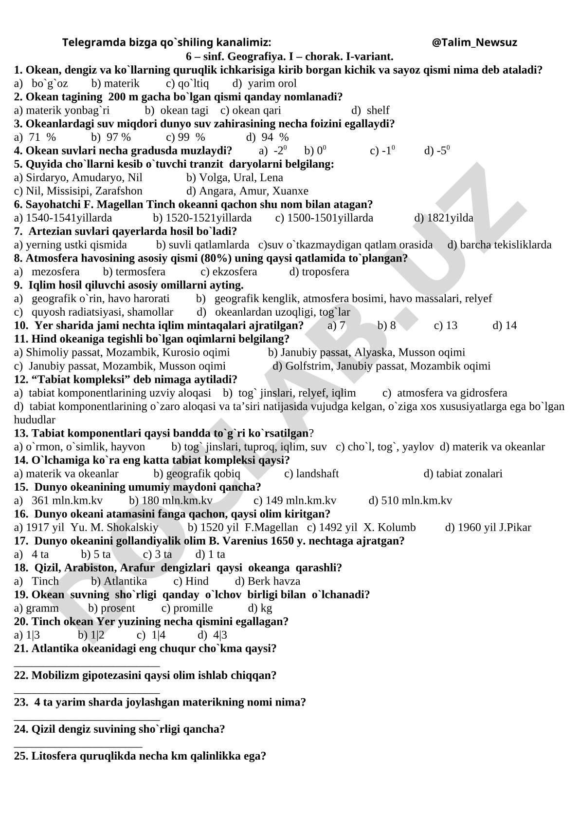 6 – sinf. Geografiya. I – chorak. I-variant.