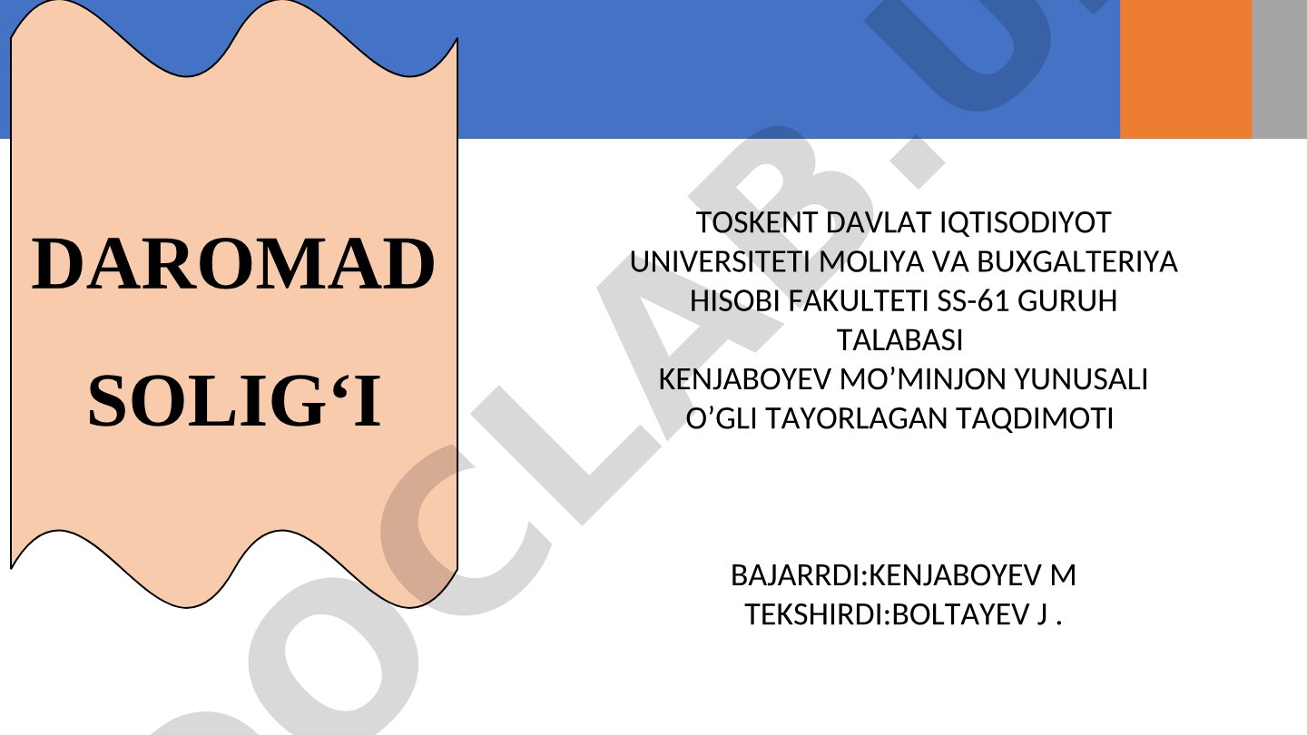 Daromad solig‘i jismoniy shaxslarning yillik daromadidan olinadigan to‘g‘ri soliqdir