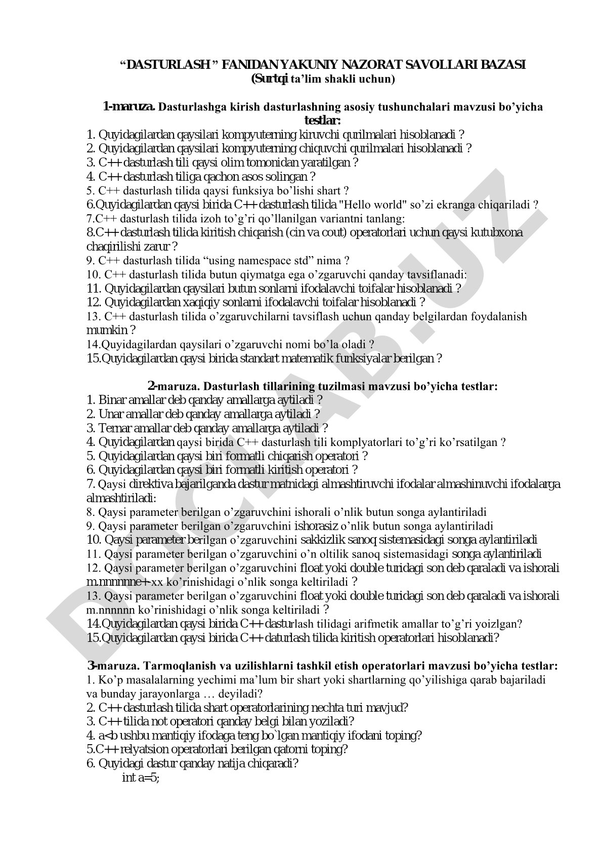 Dasturlash fanidan yakuniy nazorat savollari bazasi