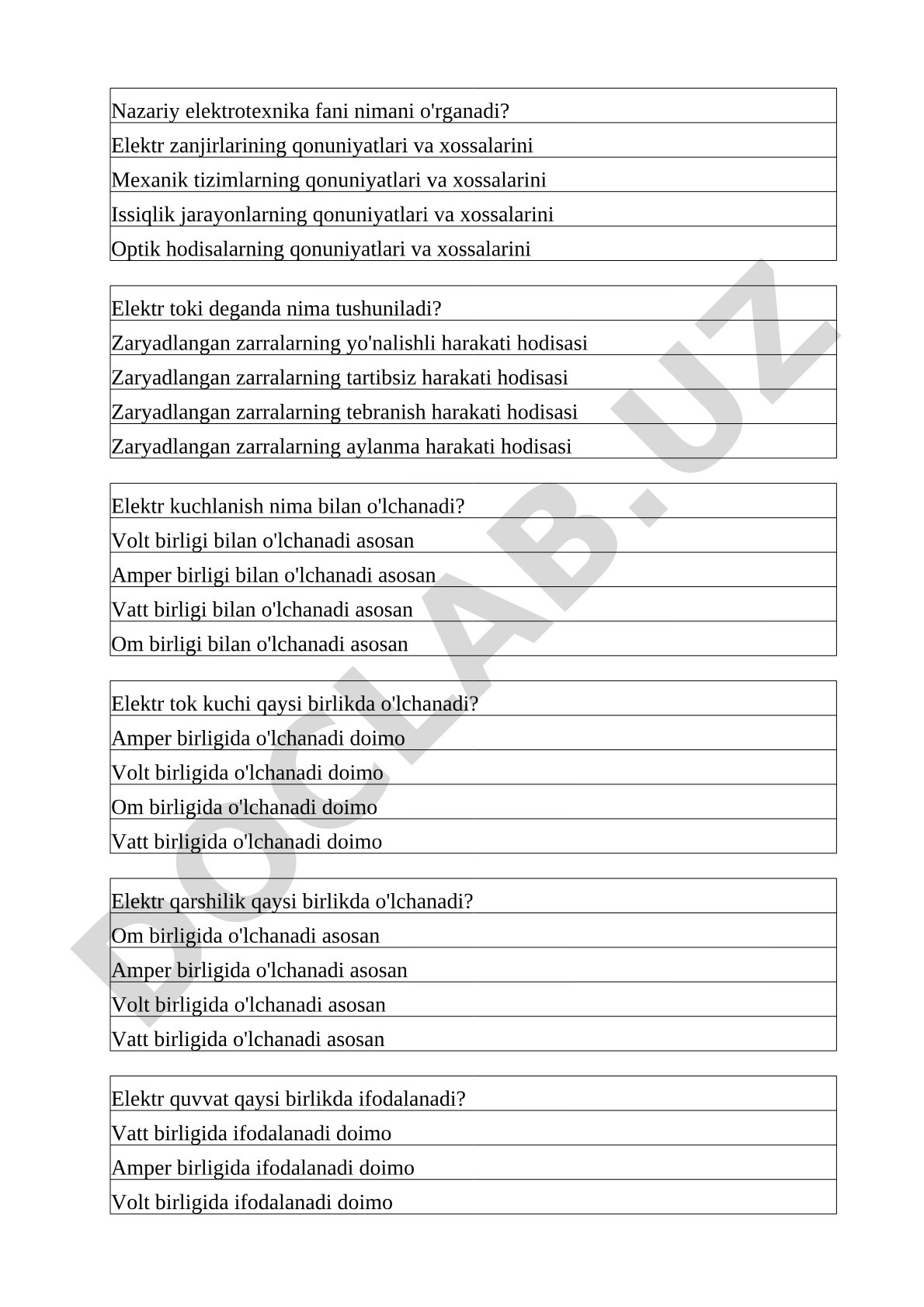 Nazariy elektrotexnika fani bo'yicha test