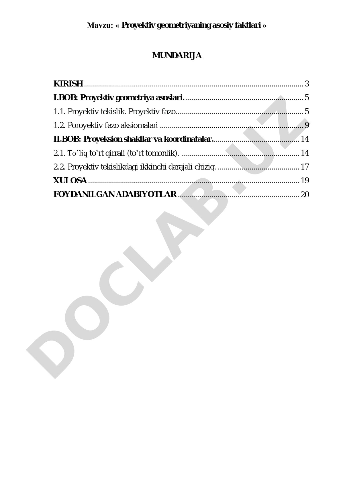 Proyektiv geometriyaning asosiy faktlari