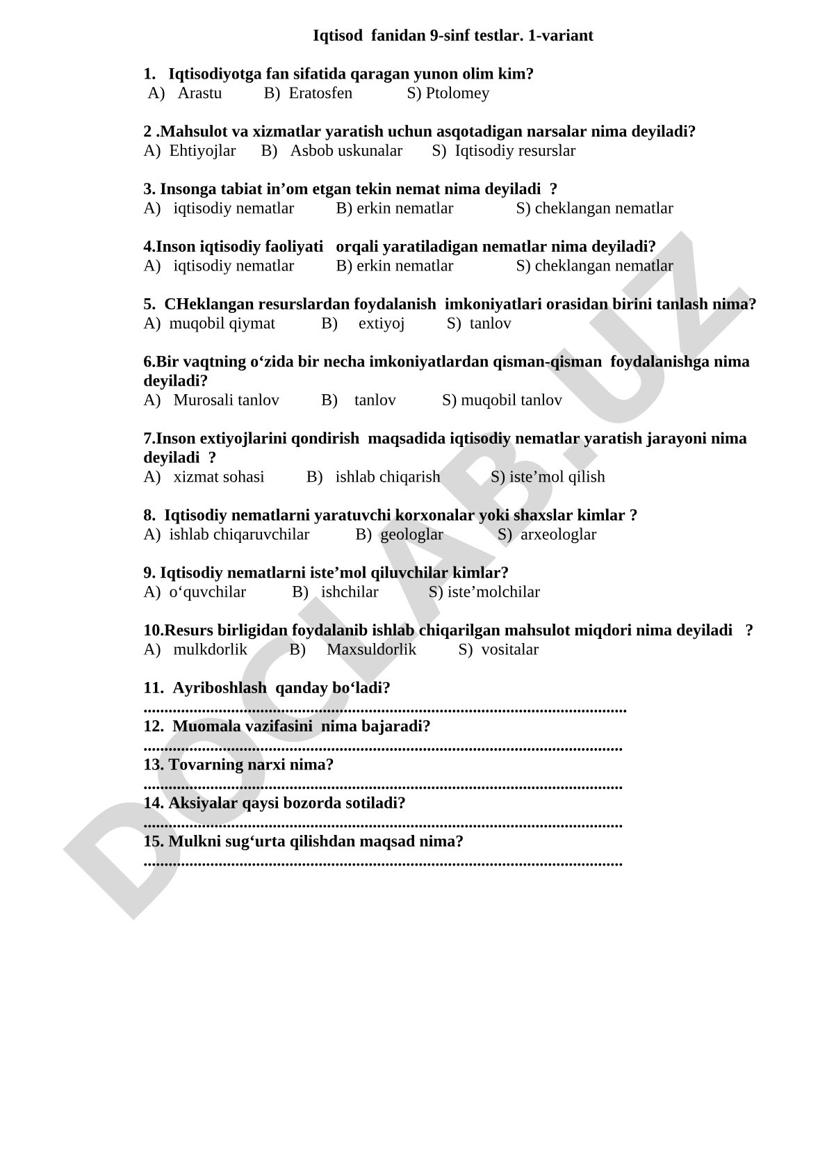 Iqtisod fanidan 9-sinf testlar. 1-variant