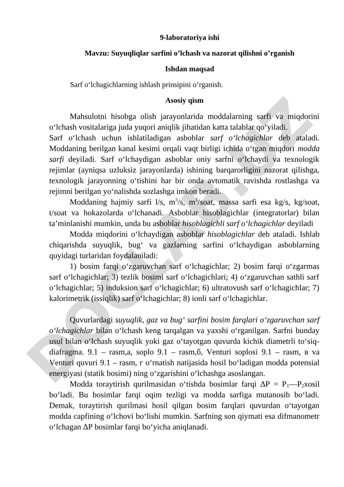 Suyuqliklar sarfini o'lchash va nazorat qilishni o'rganish