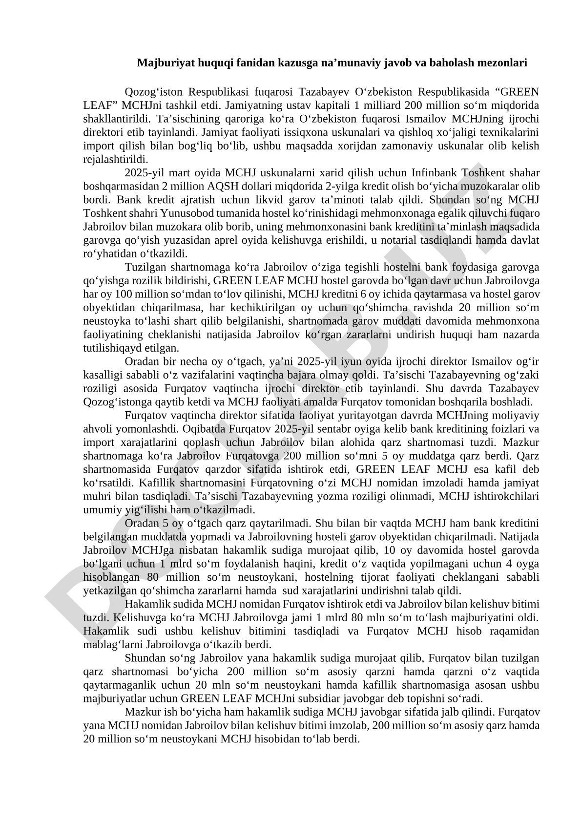 Majburiyat huquqi fanidan kazusga namunaviy javob va baholash mezonlari