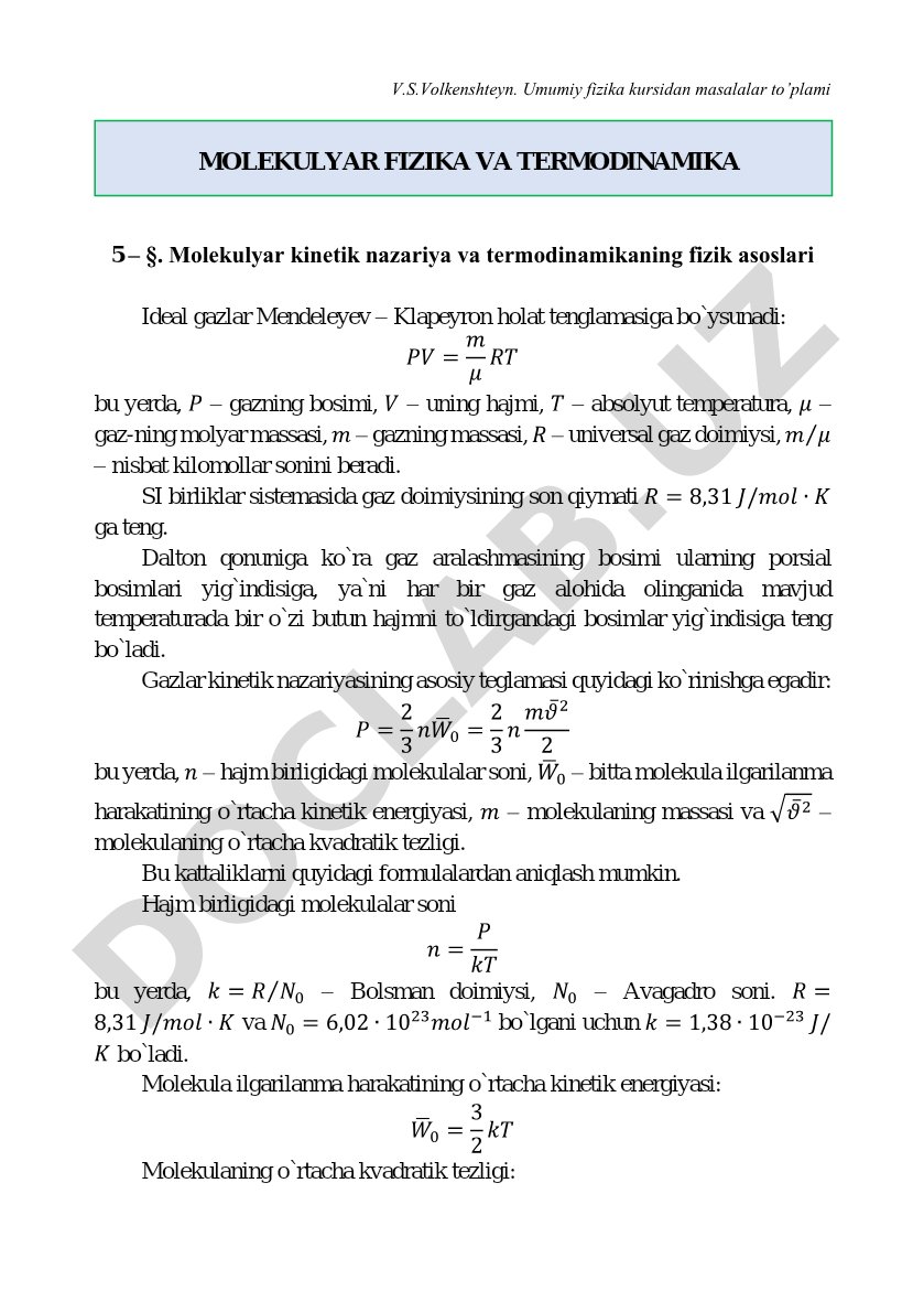 Molekulyar kinetik nazariya va termodinamikaning fizik asoslari