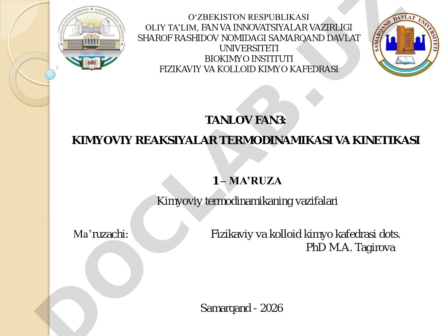 Kimyoviy termodinamikaning vazifalari