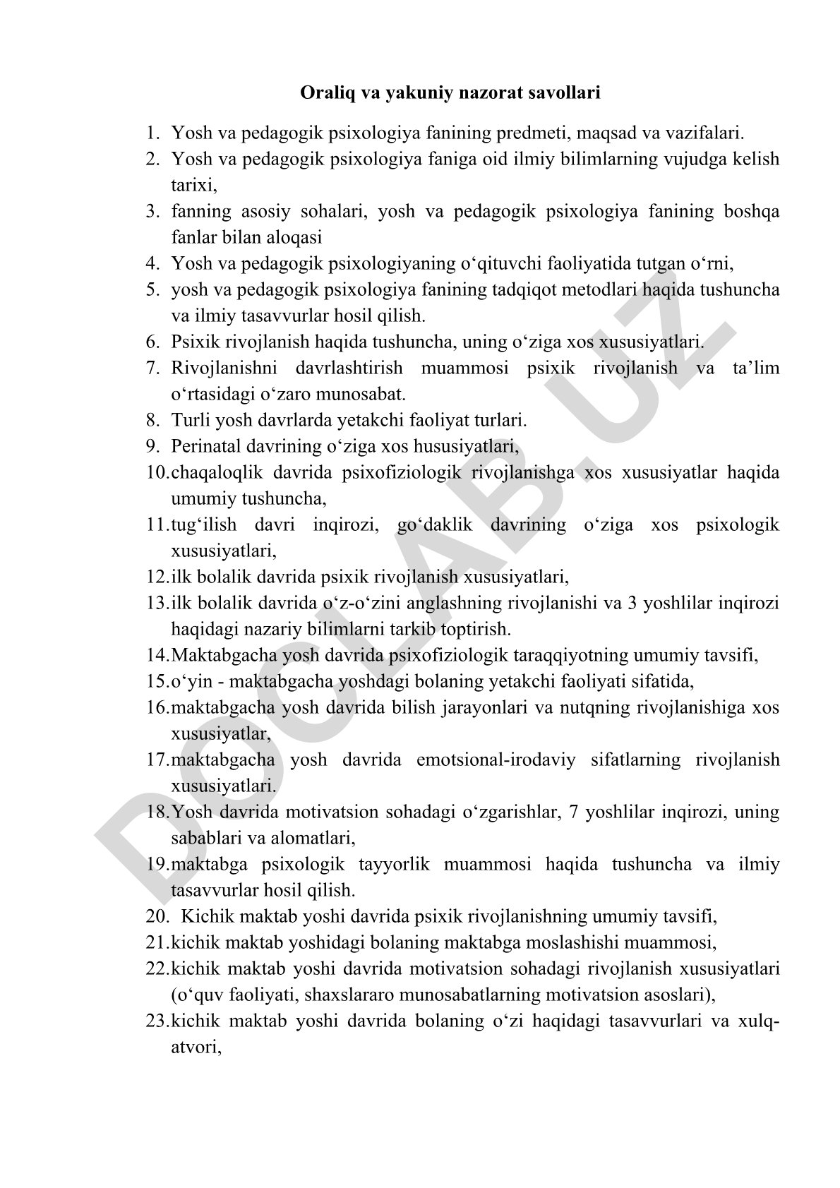Yosh va pedagogik psixologiya fanining predmeti, maqsad, vazifalari va tadqiqot metodlari