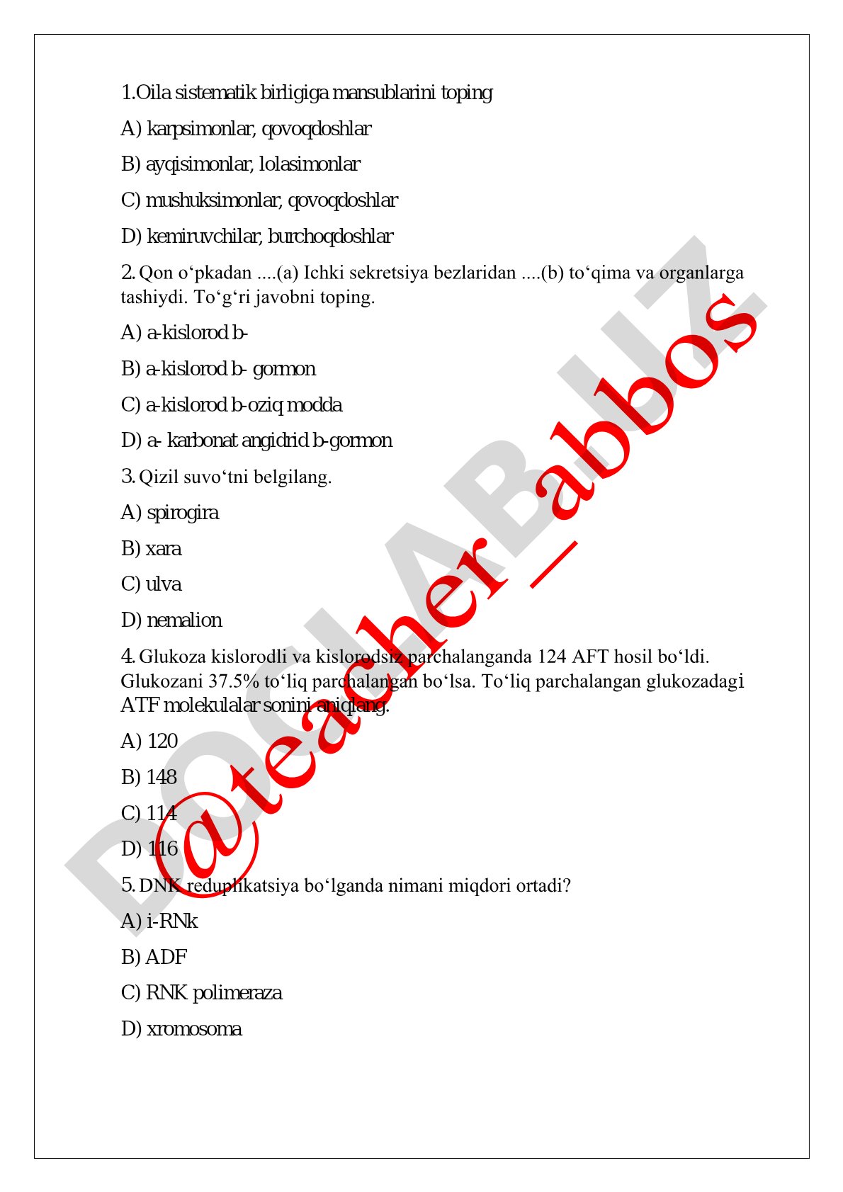 Biologiya fanidan test savollari