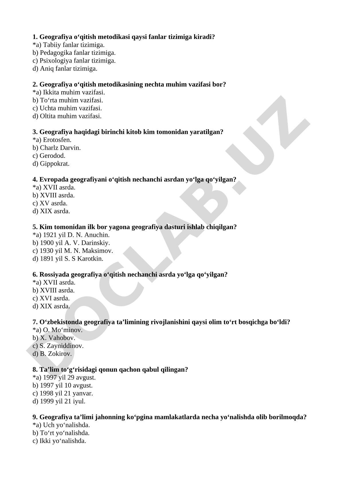 Geografiya o'qitish metodikasidan test savollari