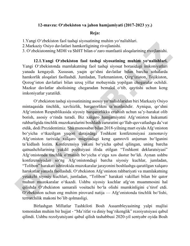 O‘zbekiston va jahon hamjamiyati (2017-2023 yy.)