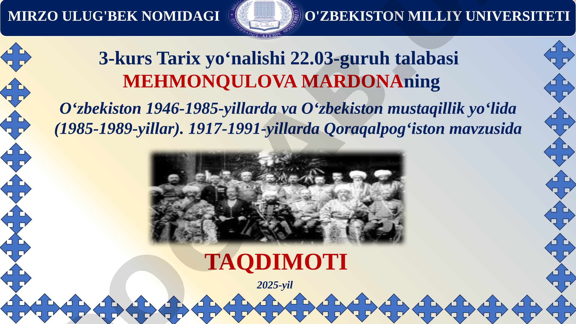 O‘zbekiston 1946-1985-yillarda va O‘zbekiston mustaqillik yo‘lida (1985-1989-yillar). 1917-1991-yillarda Qoraqalpog‘iston