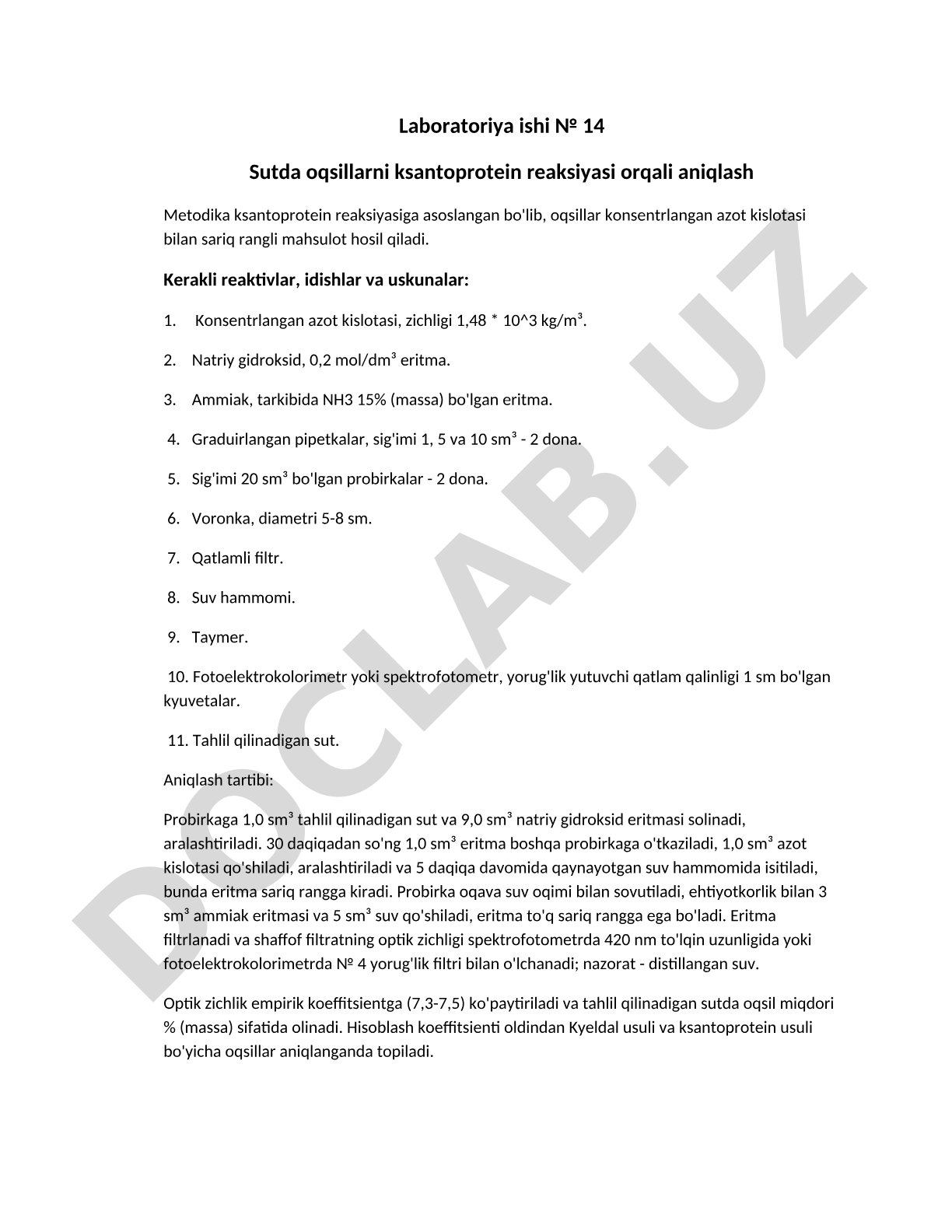 Laboratoriya ishi № 14 Sutda oqsillarni ksantoprotein reaksiyasi orqali aniqlash