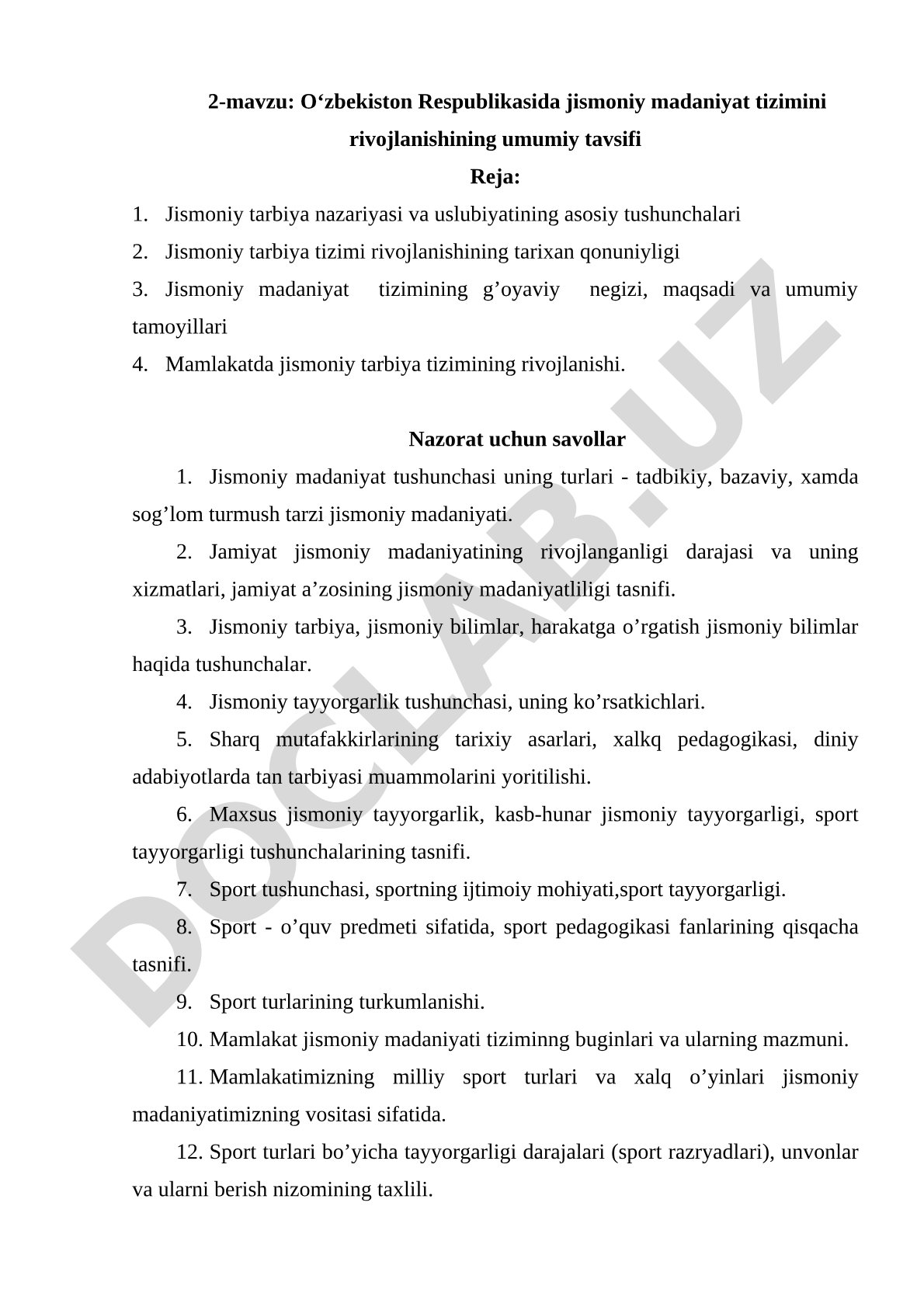 O‘zbekiston Respublikasida jismoniy madaniyat tizimini rivojlanishining umumiy tavsifi