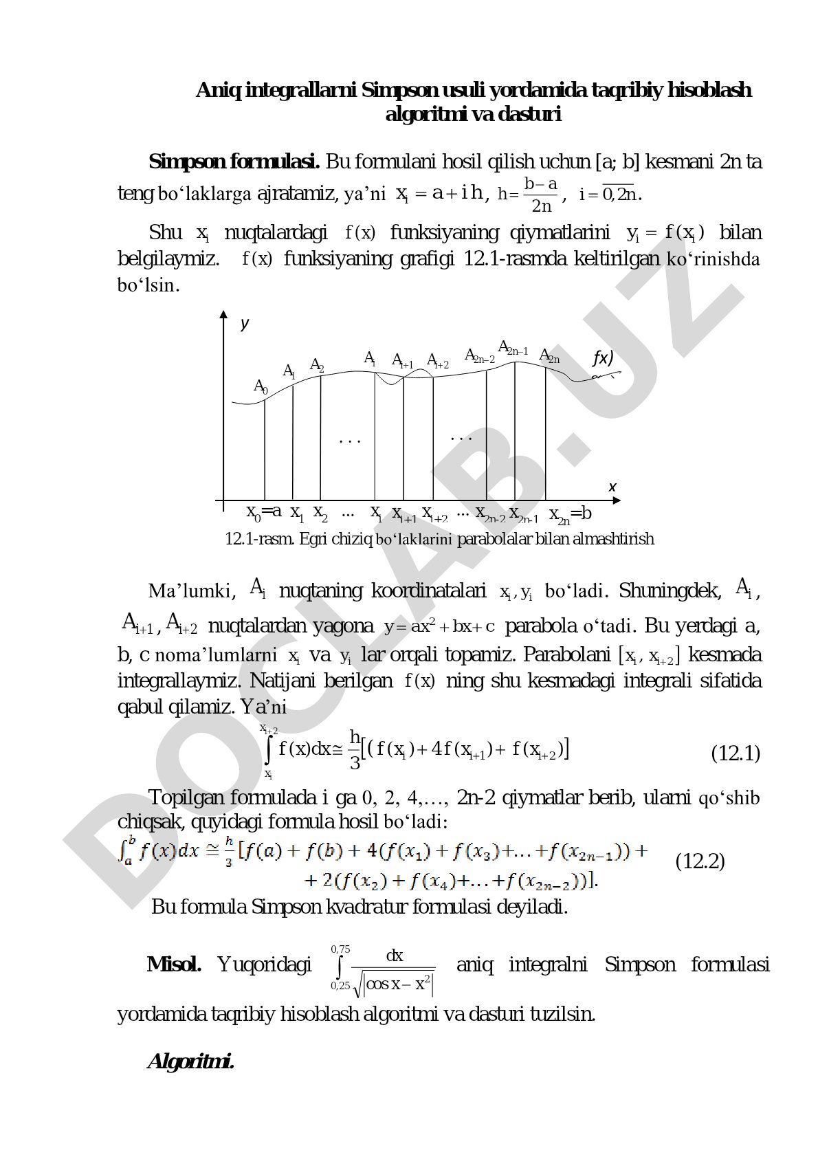 Aniq integrallarni Simpson usuli yordamida taqribiy hisoblash algoritmi va dasturi