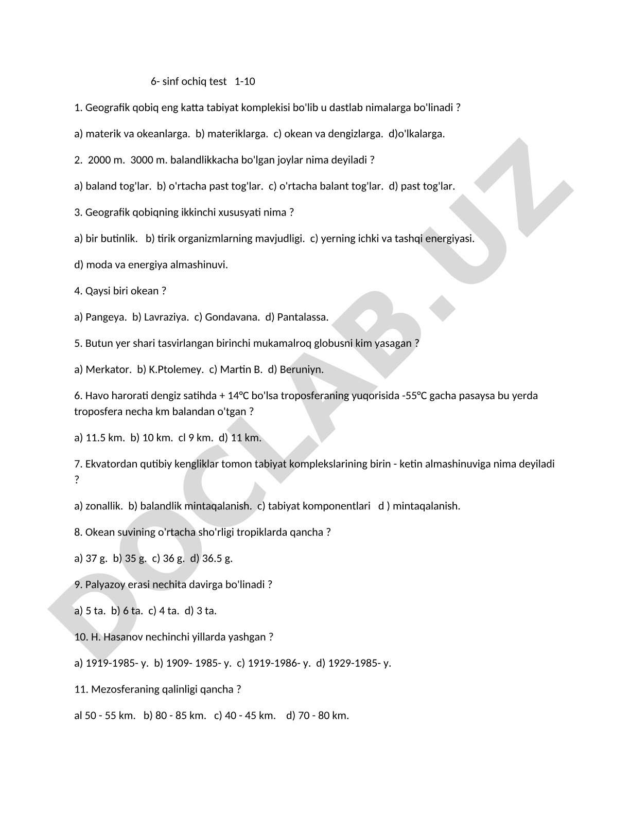 6-sinf geografiya fanidan ochiq test savollari