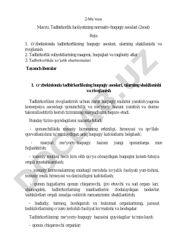 Tadbirkorlik faoliyatining normativ-huquqiy asoslari