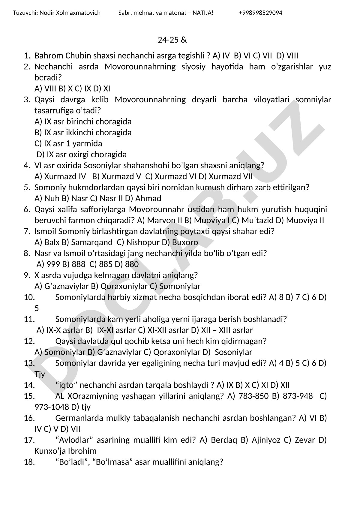 Somoniy hukmdorlari va Movorounnahr tarixi bo'yicha test