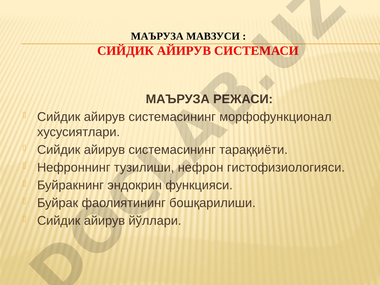 Сийдик айирув системаси морфофункционал хусусиятлари, нефрон тузилиши ва буйрак фаолияти