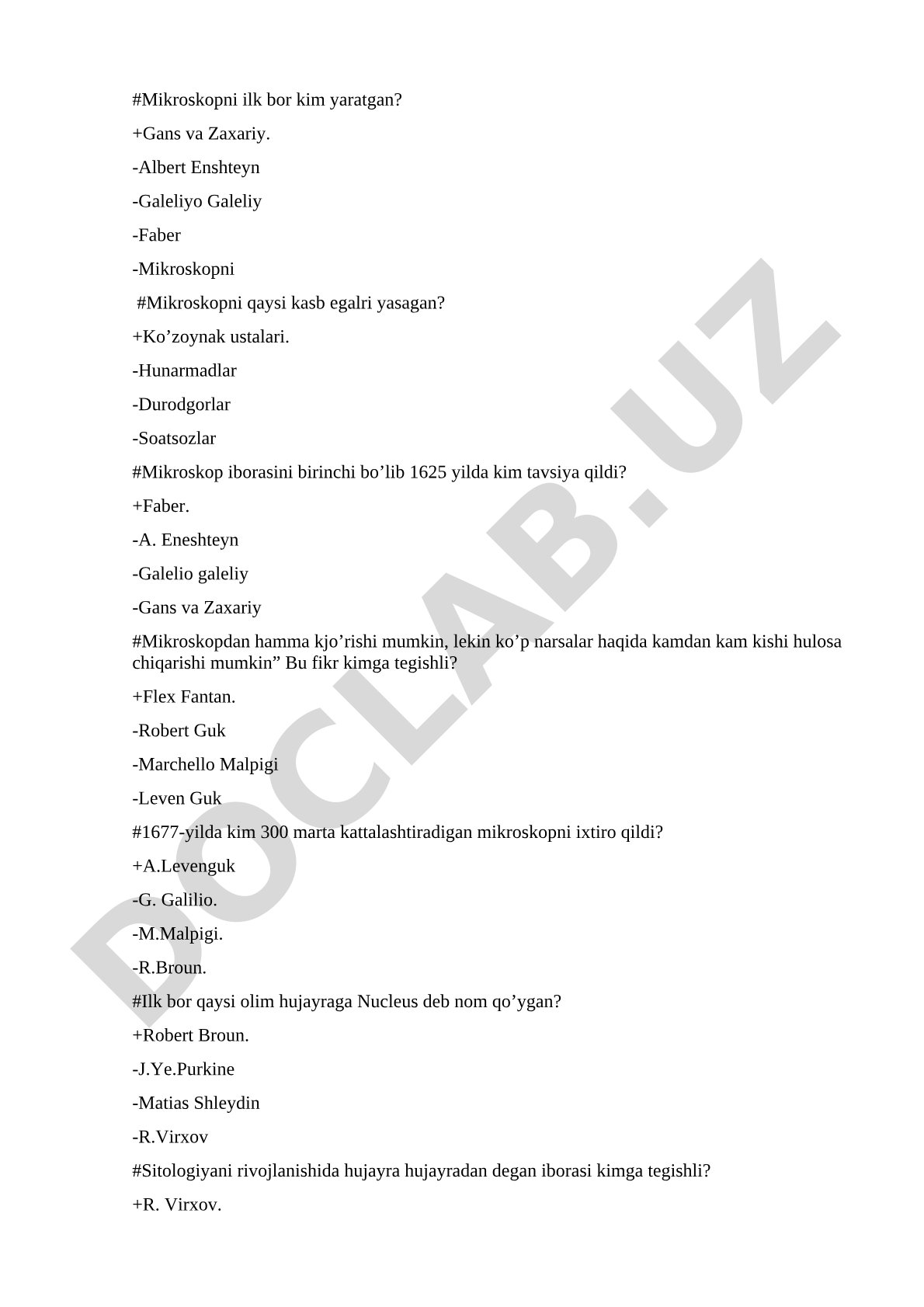 Tibbiy biologiya, gistologiya, sitologiya, embriologiya fanidan yakuniy nazorat savollari (test)