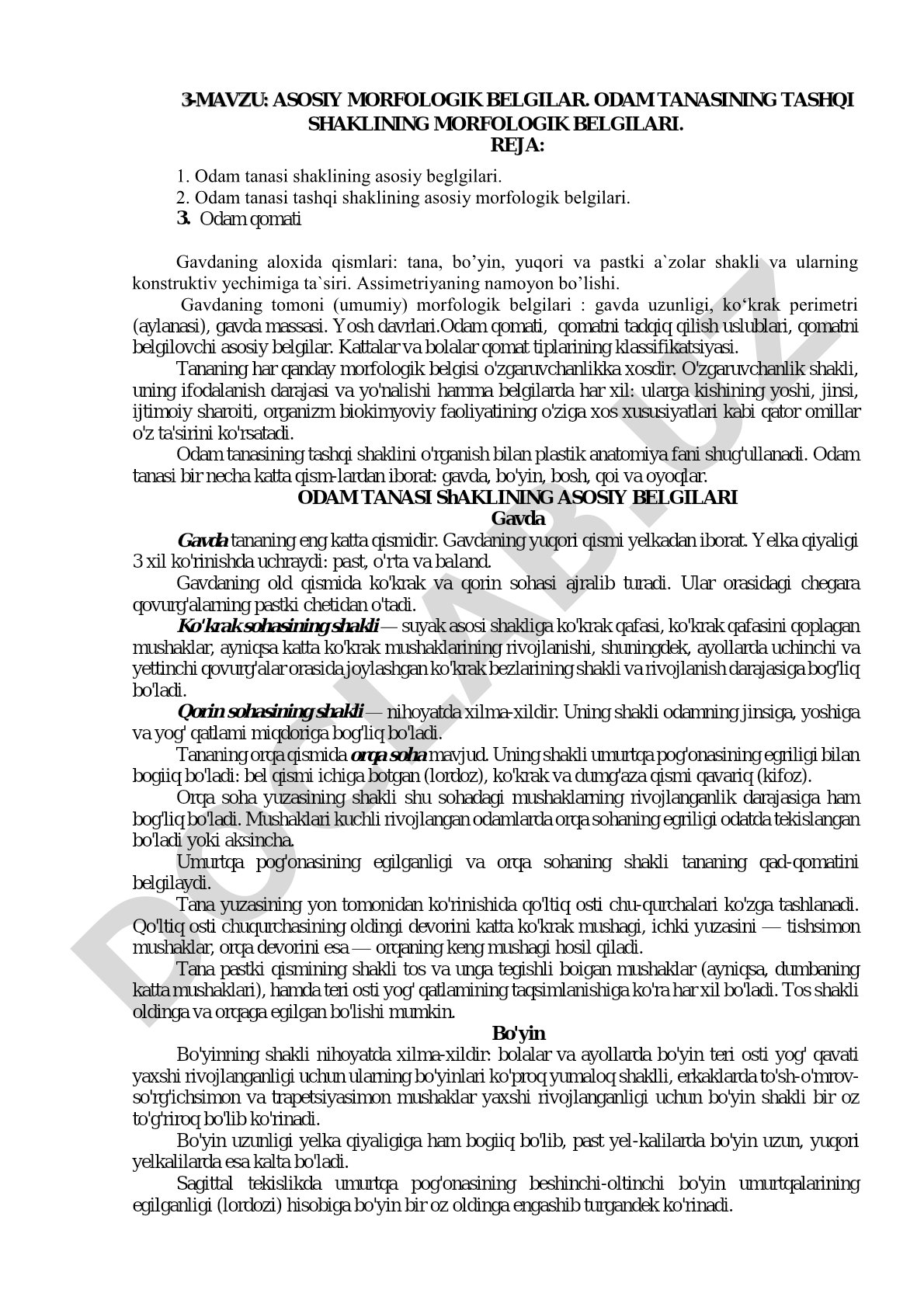 Odam tanasining tashqi shaklining asosiy morfologik belgilari