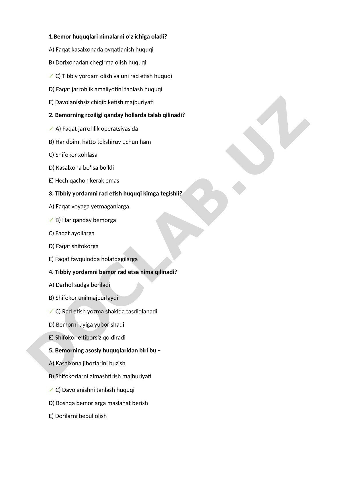 Bemor huquqlari bo'yicha test savollari