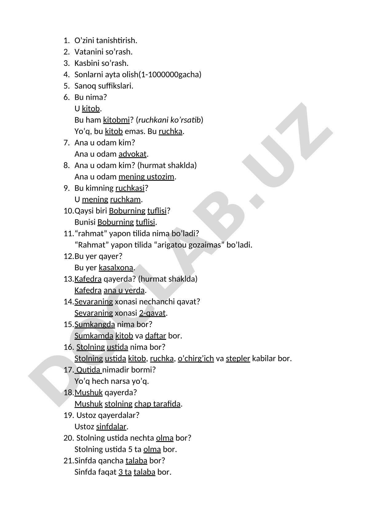 O'zbek tili boshlang'ich muloqot iboralari
