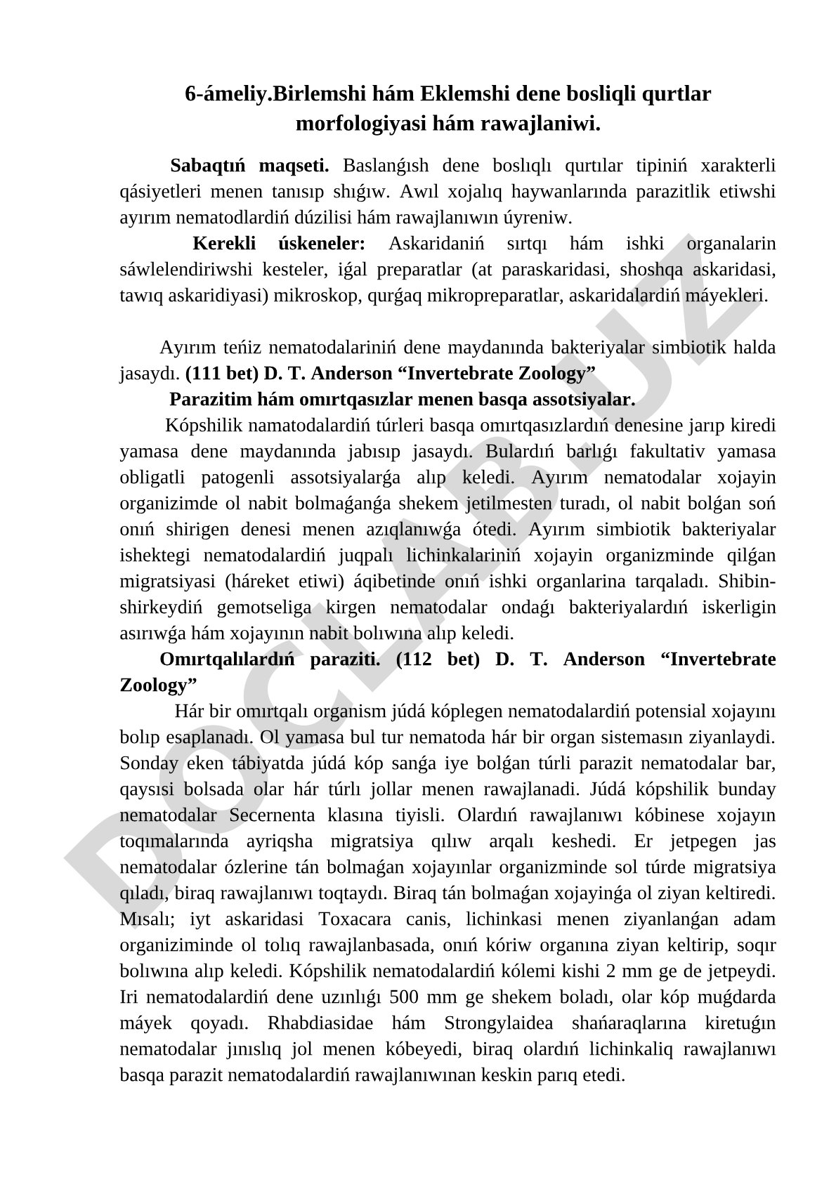 Birlemshi hám Eklemshi dene bosliqli qurtlar morfologiyasi hám rawajlaniwi