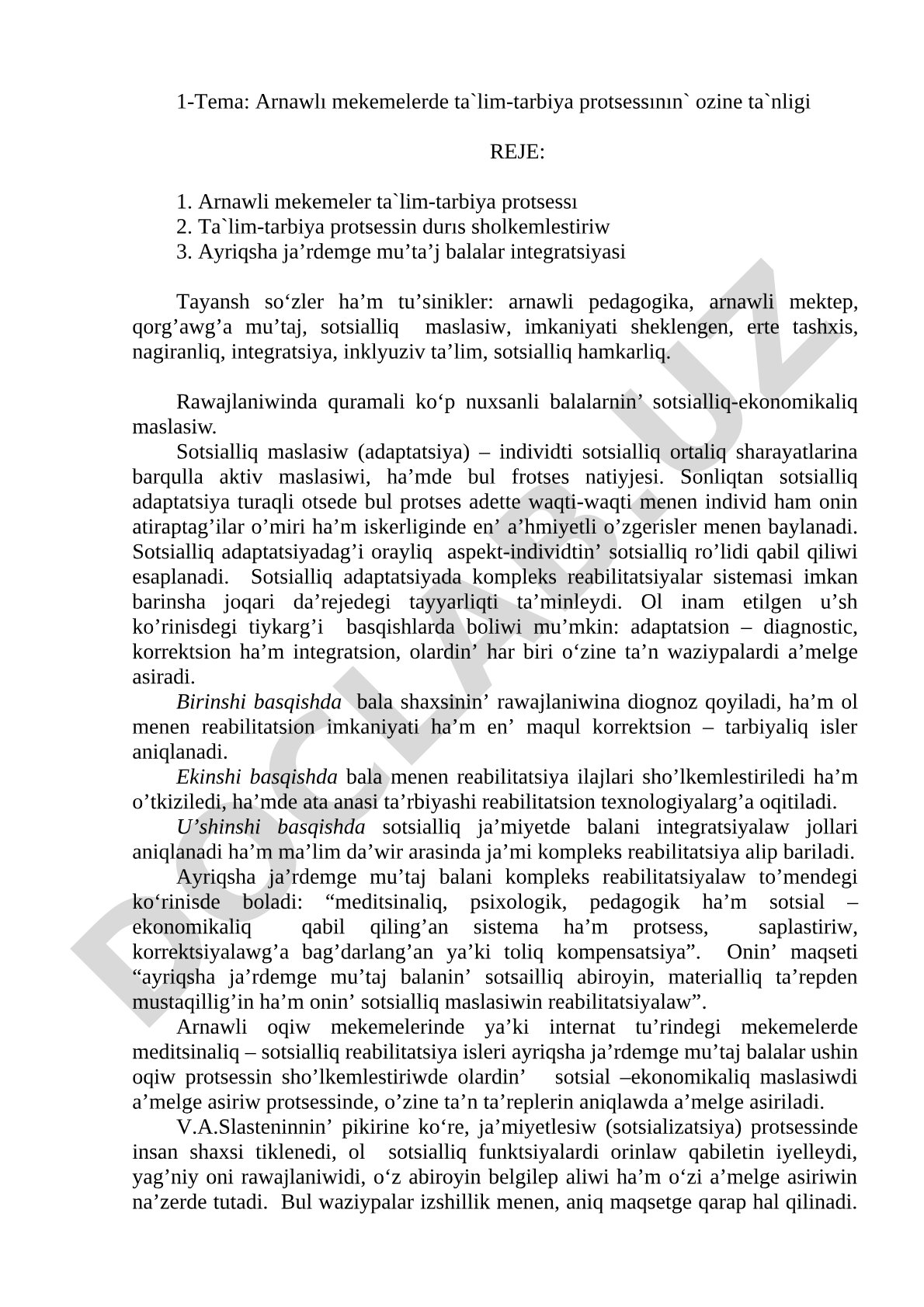 Arnawlı mekemelerde ta'lim-tarbiya protsessinin' ozine ta'nligi