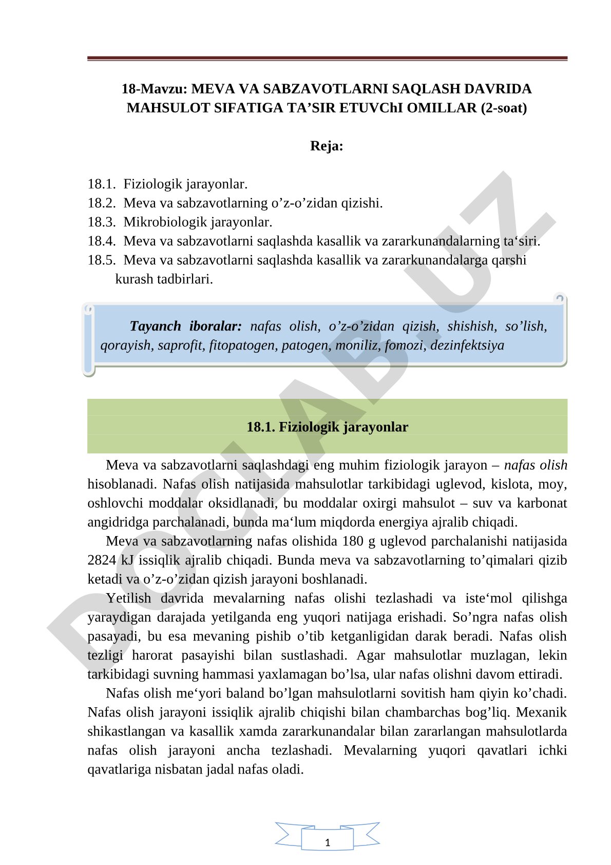 MEVA VA SABZAVOTLARNI SAQLASH DAVRIDA MAHSULOT SIFATIGA TA’SIR ETUVChI OMILLAR