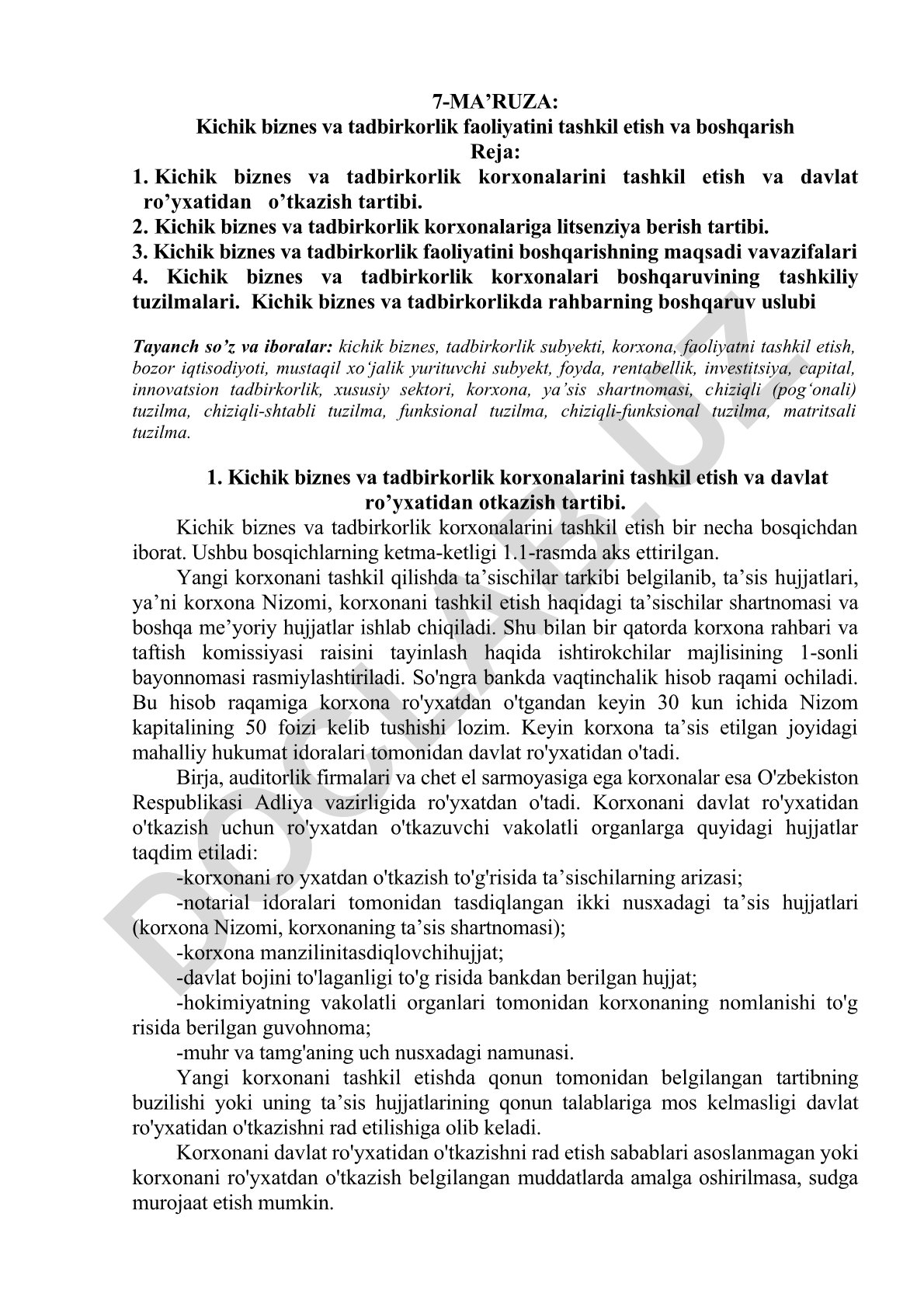 Kichik biznes va tadbirkorlik faoliyatini tashkil etish va boshqarish