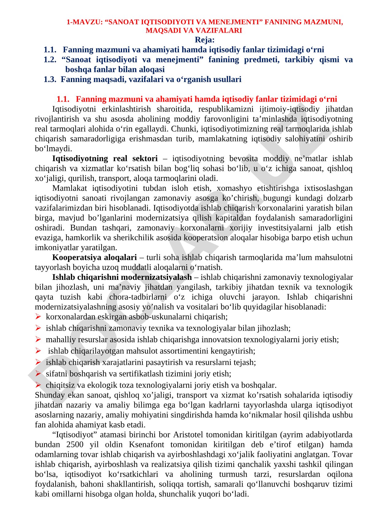 Sanoat iqtisodiyoti va menejmenti fanining mazmuni, maqsadi va vazifalari