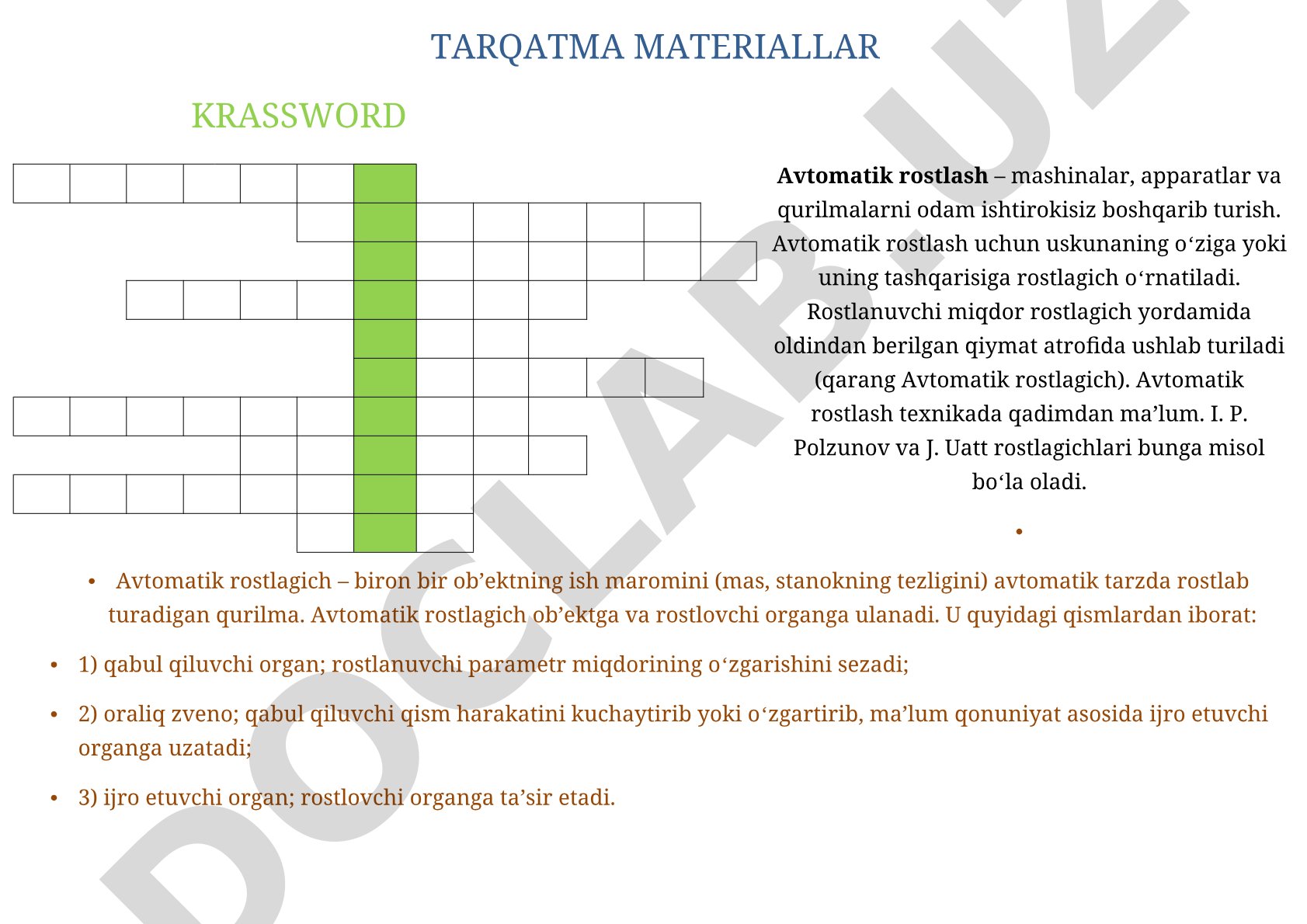 Avtomatik rostlash va avtomatik rostlagichning ta'rifi, tuzilishi va turlari