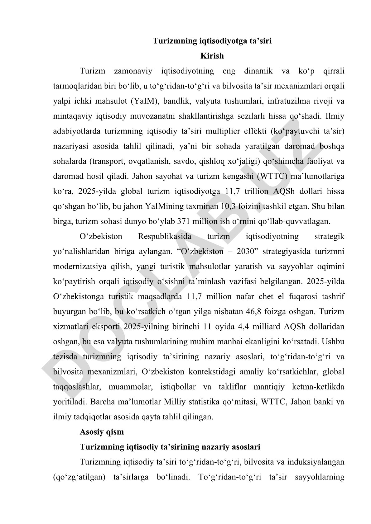Turizmning iqtisodiyotga ta'siri