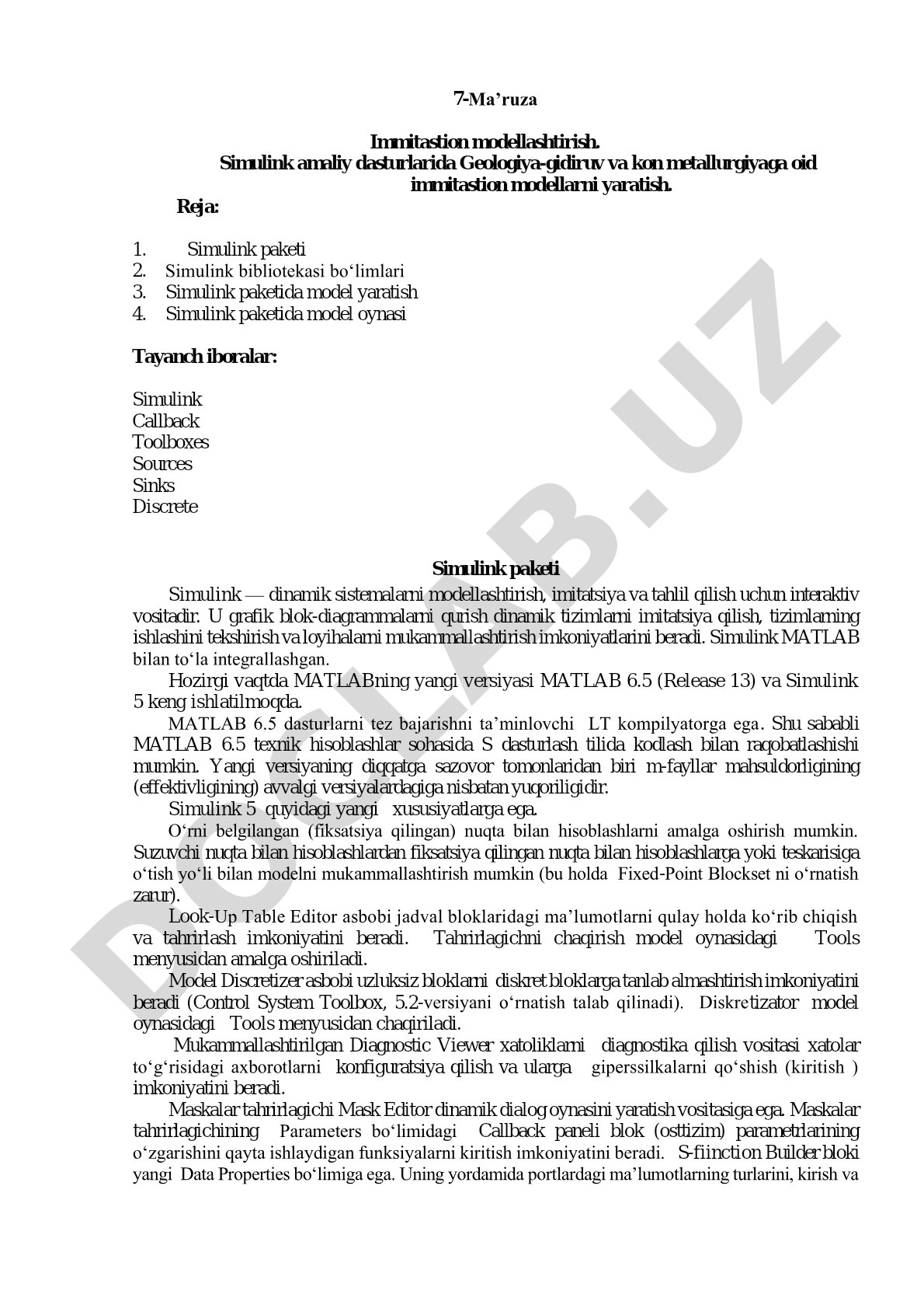 Simulink amaliy dasturlarida Geologiya-gidiruv va kon metallurgiyaga oid immitastion modellarni yaratish